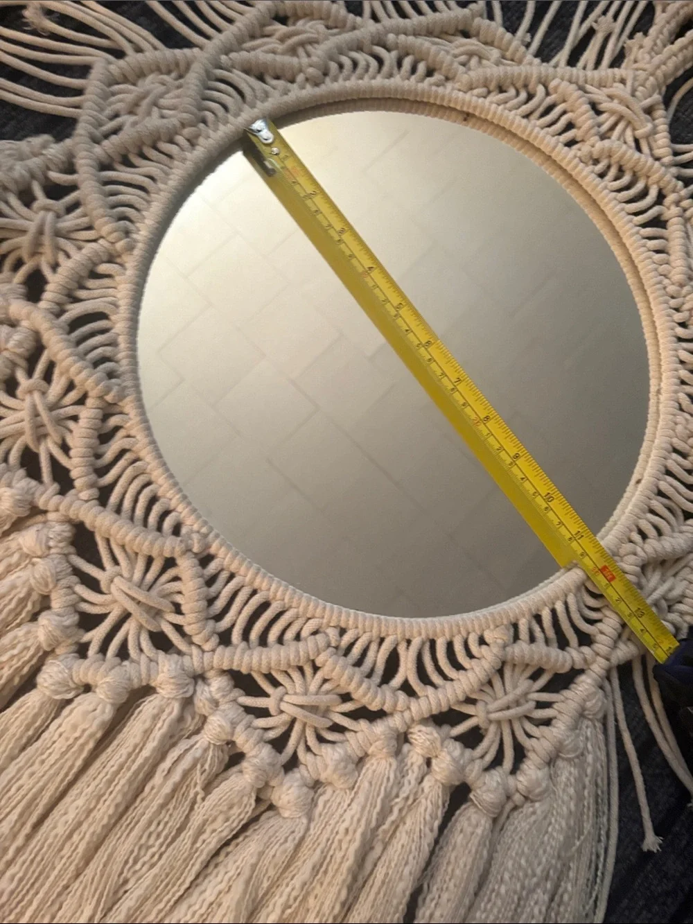 Boho Macramé Fringe Round Wall Mirror - Cream